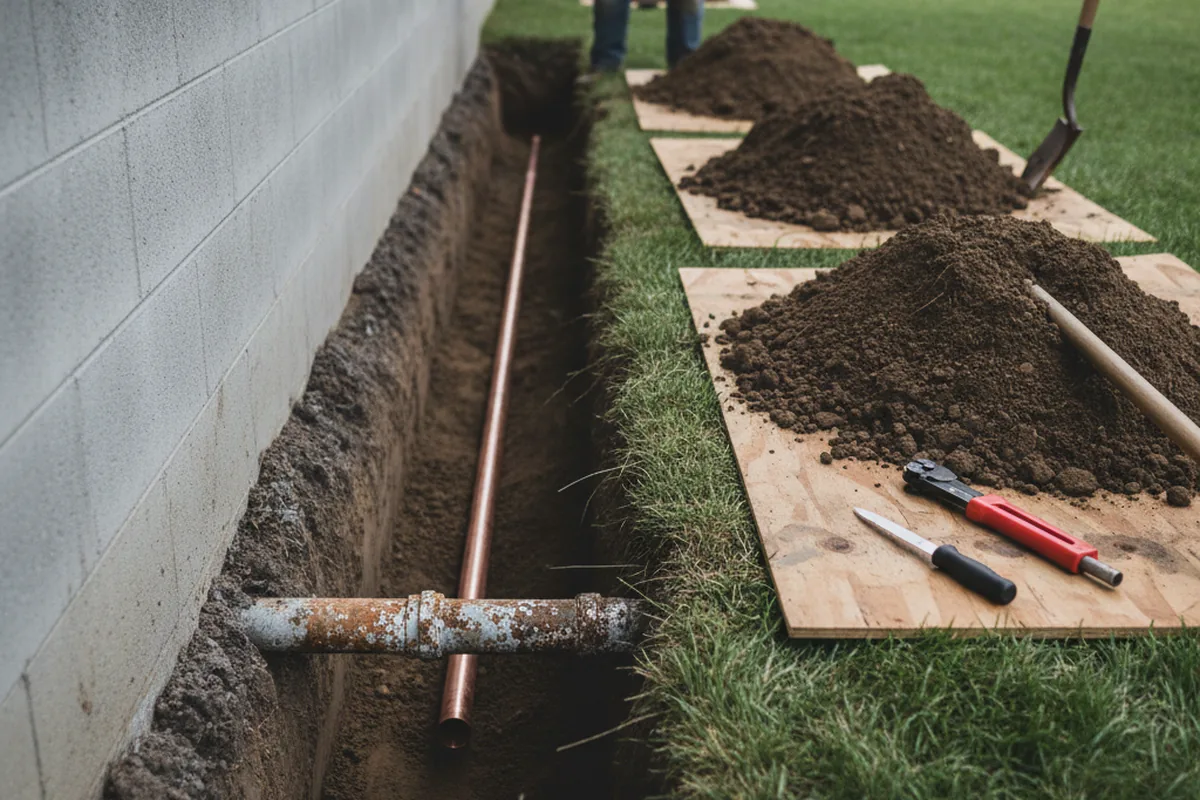 Excavated water line trench during Sewer Line Repair in Basehor